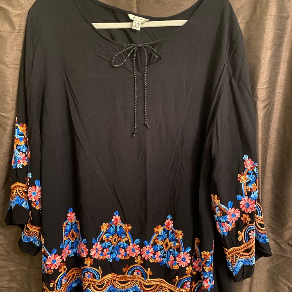 Cato Black Boho Plus Size Brocade Stiching Top